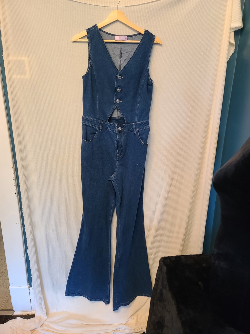 Wisteria Lane Dark Blue Denim Jumpsuit with Buttoned Vest Front